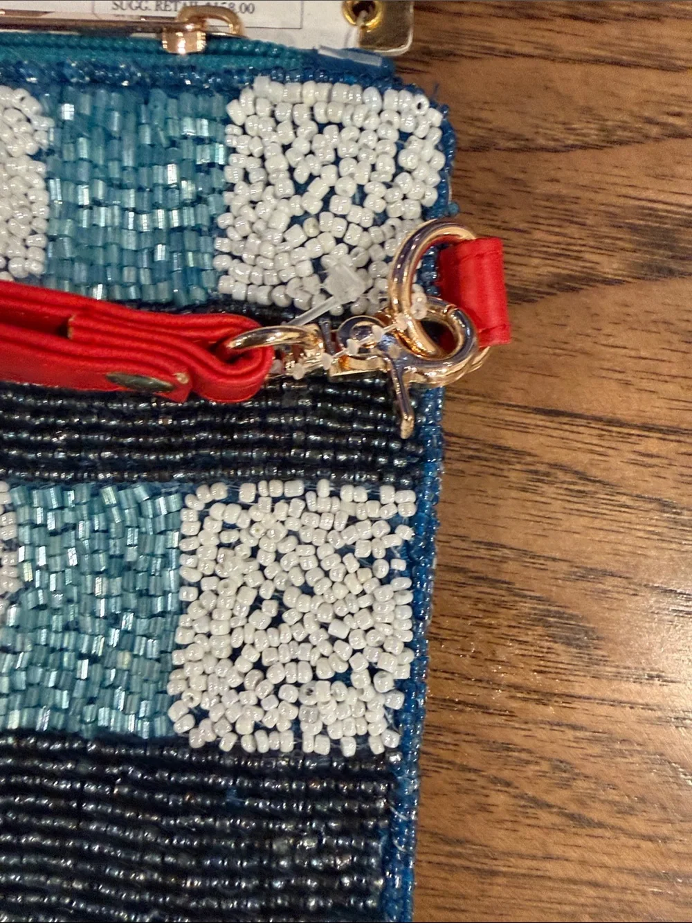 House of Harlow 1960 Blue Check Beaded Clutch with Red Lobster Appliqué Wristlet